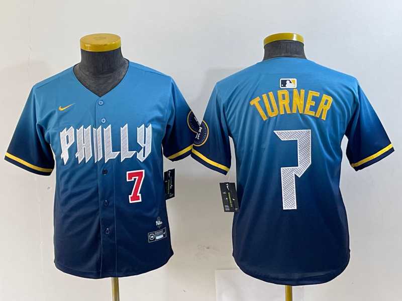Youth Philadelphia Phillies #7 Trea Turner Number Blue 2024 City Connect Limited Stitched Jersey->mlb youth jerseys->MLB Jersey